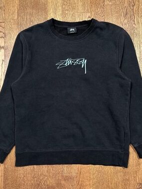 Stussy Smooth Stock Applique Embroidered Script Logo Black Sweatshirt Mens S